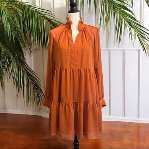 1.STATE Rust Orange Tiered Long Sleeve Mini Dress - Size M - Cottagecore / Boho